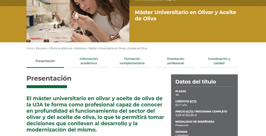 Página web del Máster Universitario en Olivar y Aceite de Oliva de la UJ.