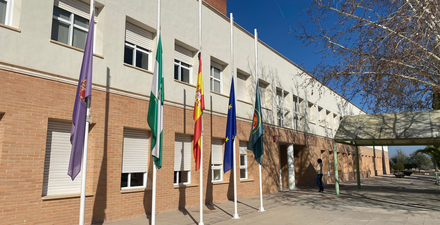 Banderas a media asta en el Campus de Jaén.
