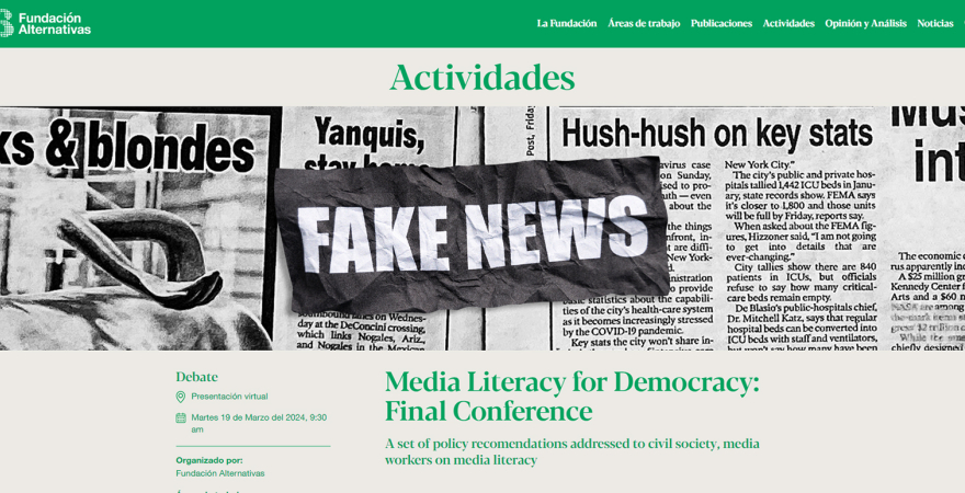 Página web del proyecto 'Media Literacy for Democracy'.
