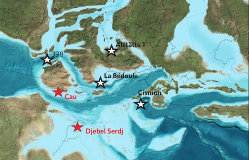 Mapa paleogeográfico del Cretácico (hace 120 millones de años).