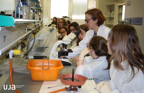 Hikmate Abriouel explica el funcionamiento del microscopio a varias alumnas que han participado en el taller. 