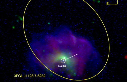 Imagen del descubrimiento de la estrella runaway 'LS2355', en la que se aprecia su frente de choque asociado con forma de media luna.