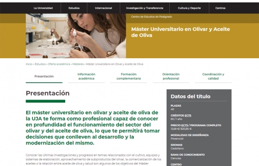 Página web del Máster Universitario en Olivar y Aceite de Oliva de la UJ.